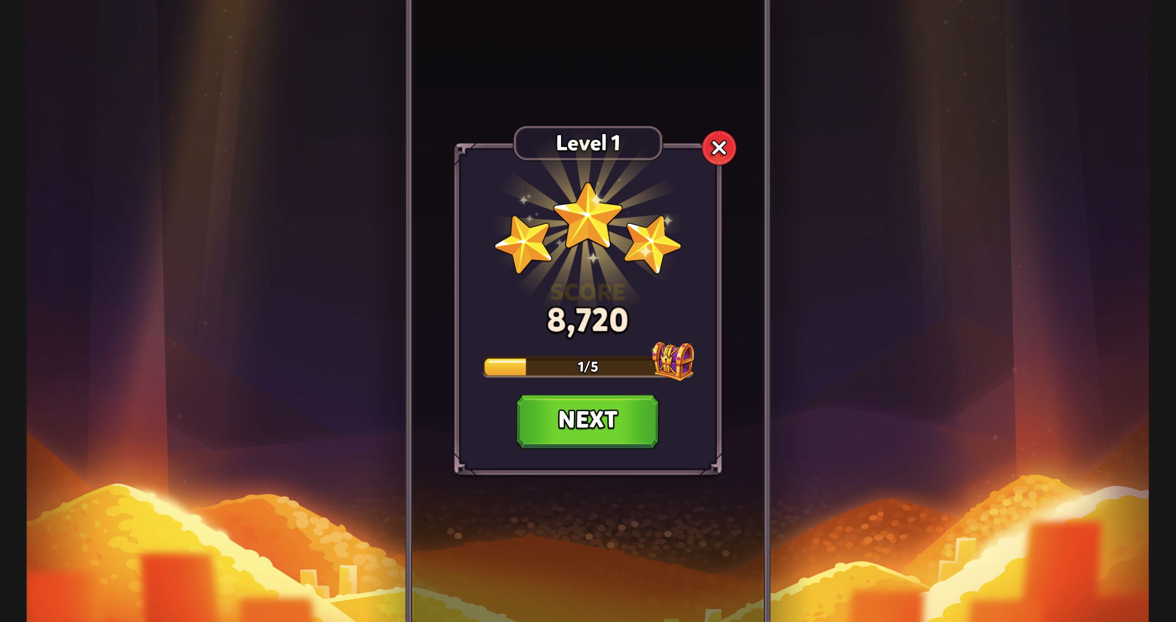 Level 1 three-star result panel showing a score, chest progress at one of five and a Next button