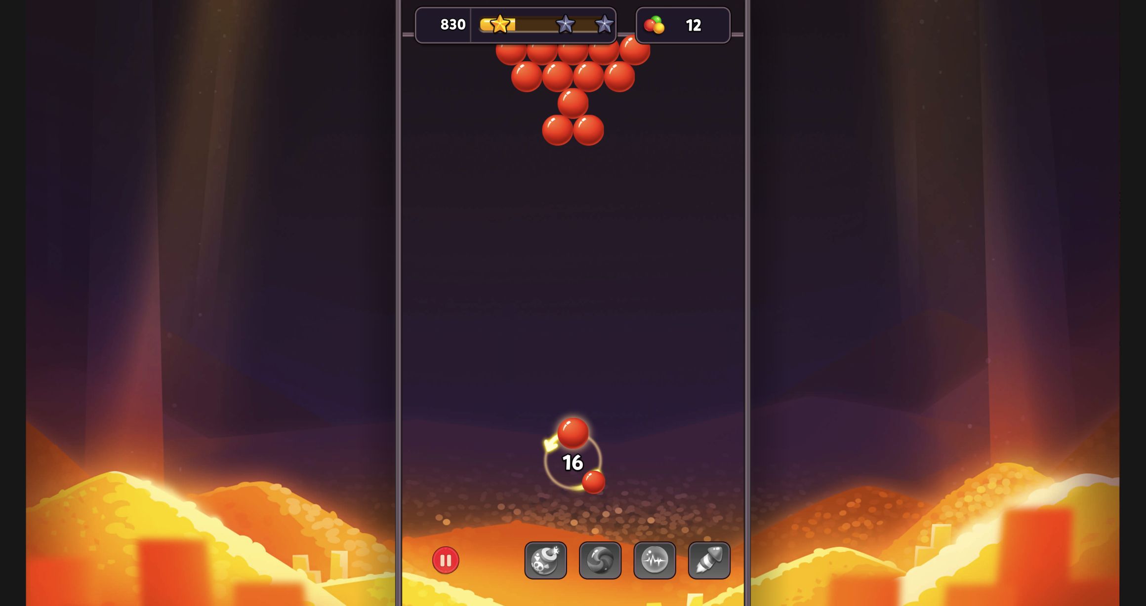 Level 1 board reduced to twelve red bubbles after a successful blue bank cascade