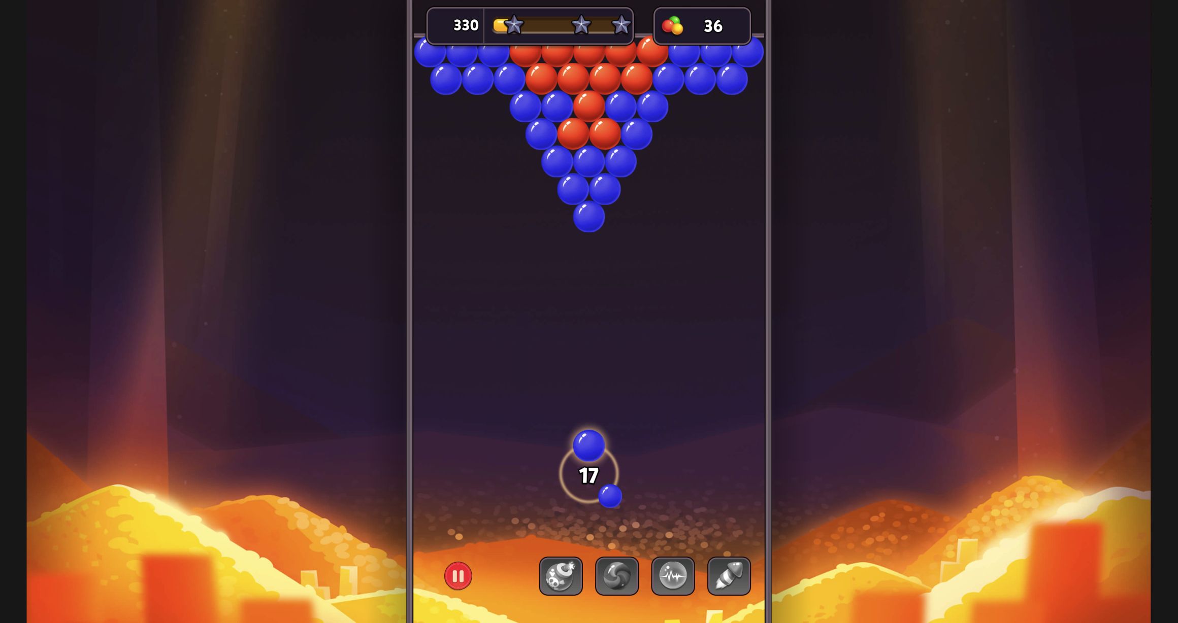 Bubble Shooter board after a straight red cluster hit with score 330, target 36 and 17 shots