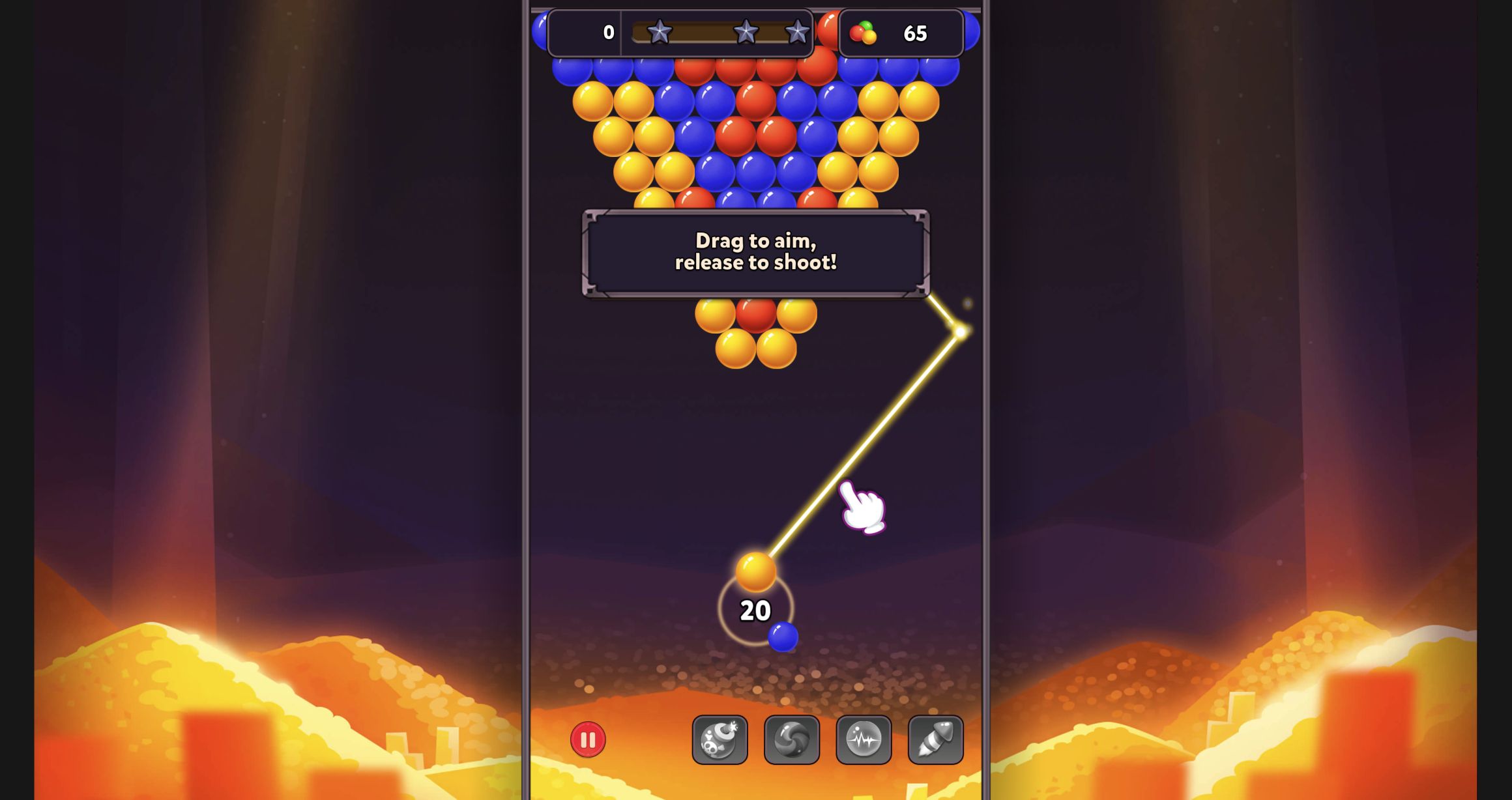 Bubble Shooter Level 1 tutorial explaining drag to aim and release to shoot beneath a 65-bubble board