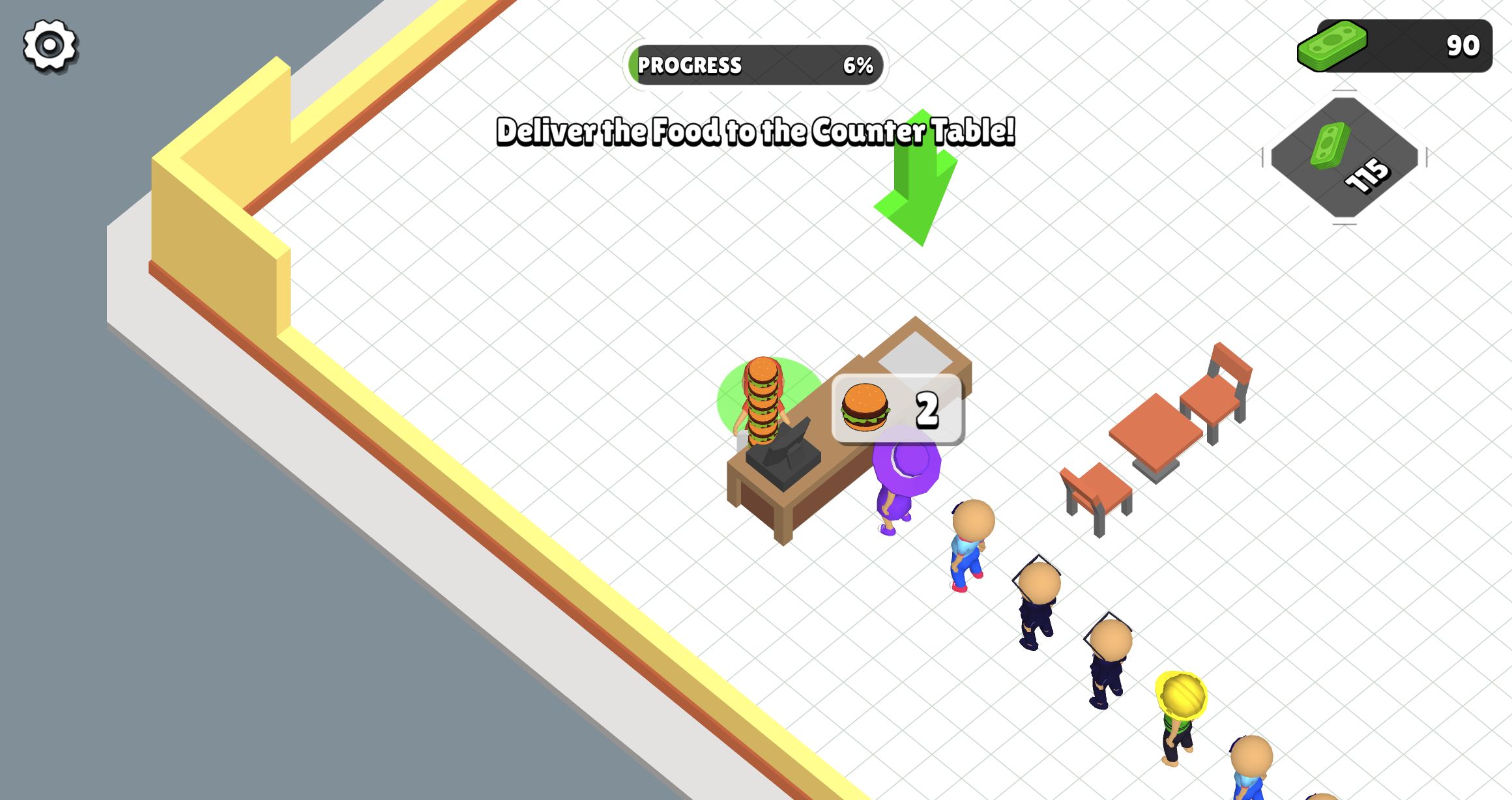 Burger Life full-screen desktop game with the character carrying six burgers toward a counter and waiting customers