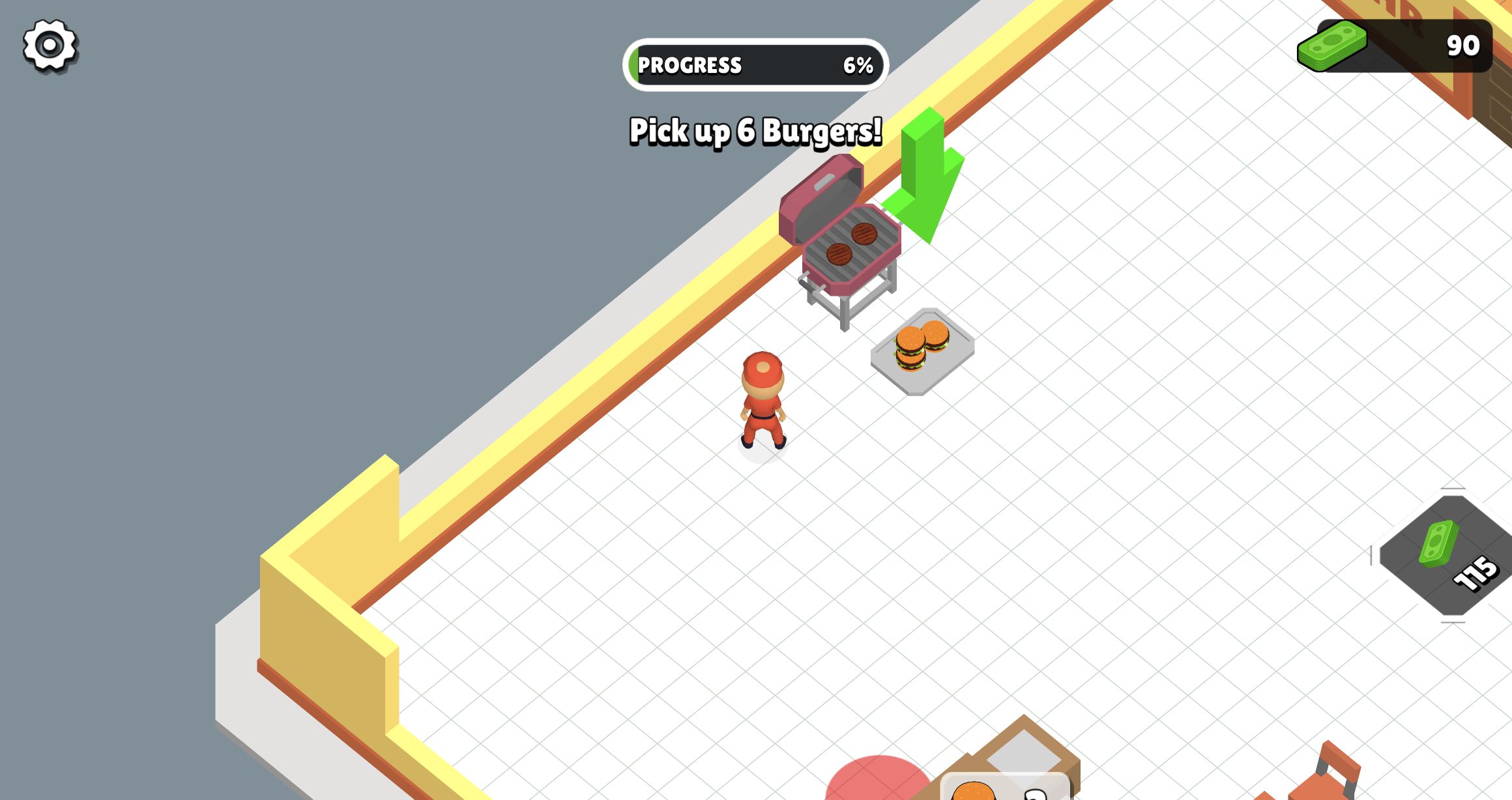 Burger Life full-screen desktop game showing the installed burger machine, six percent progress, and 90 dollars