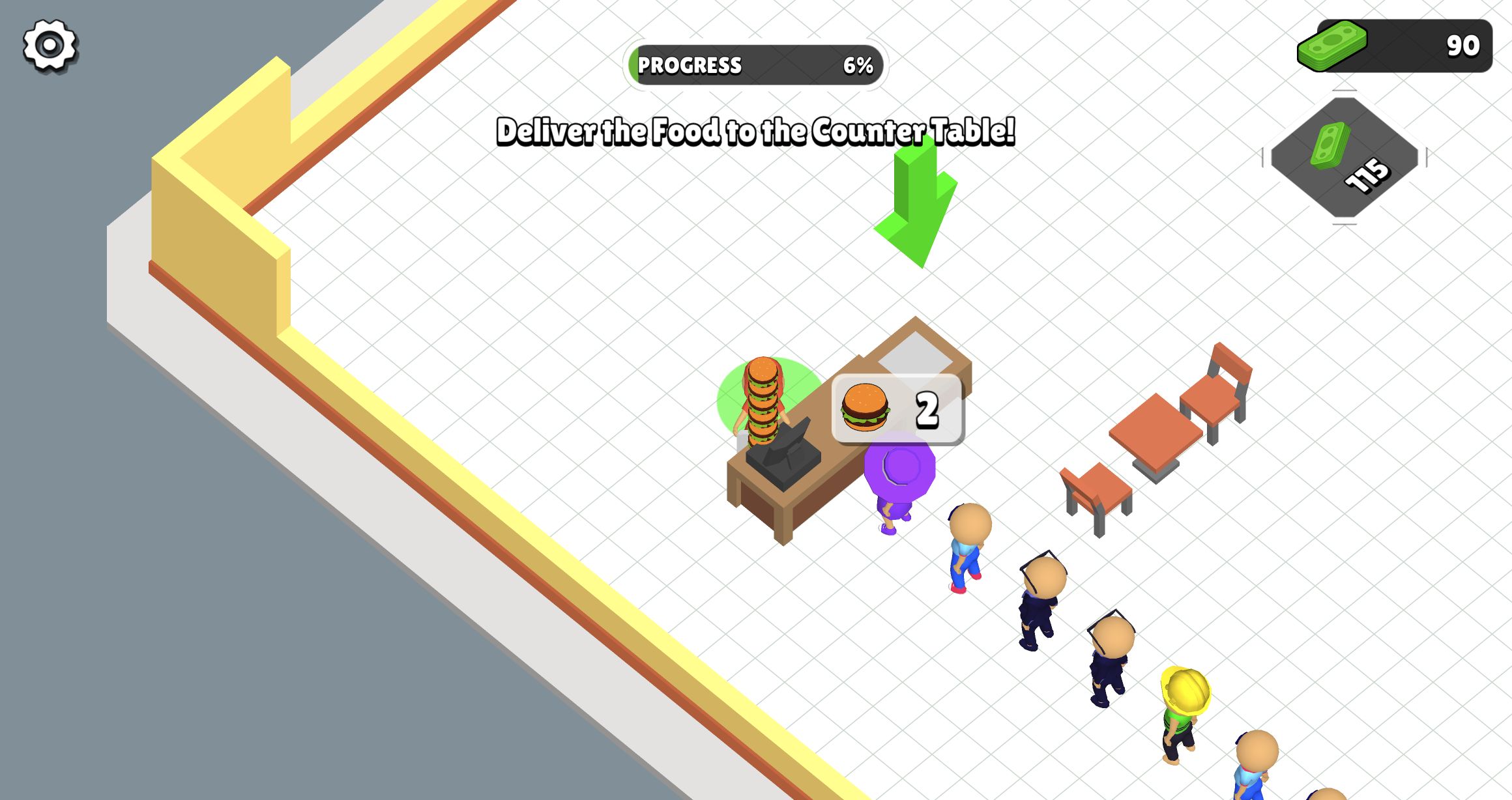 Burger Life full-screen desktop game with the character carrying six burgers at the counter, six percent progress, and 90 dollars