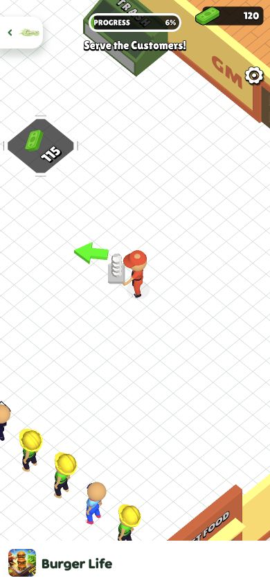 Burger Life character carrying a stack of dirty gray plates toward the green bin marked TRASH at 6 percent progress and 120 dollars