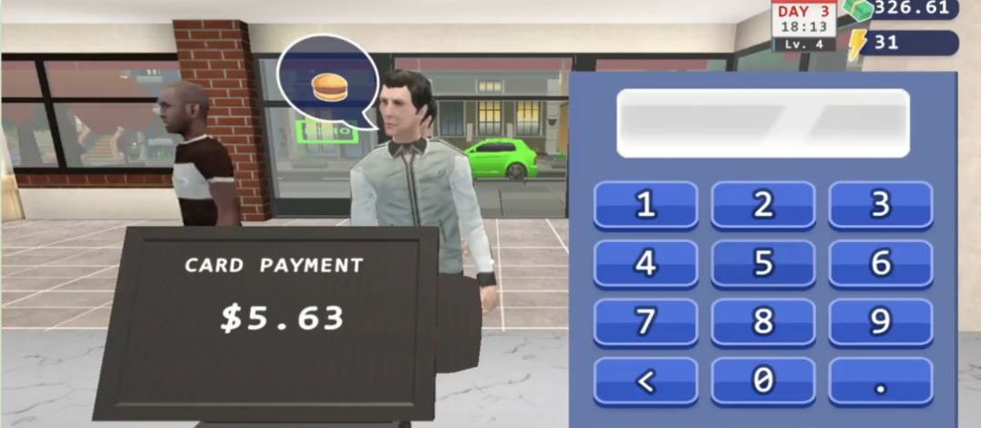 Burger Restaurant Simulator 3D register on Day 3 asking for a $5.63 card payment beside a numeric keypad and a customer ordering a burger