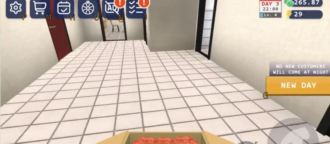 Burger Restaurant Simulator 3D at 22:00 on Day 3 showing $265.87, 29 energy, a raw patty box, and the New Day prompt