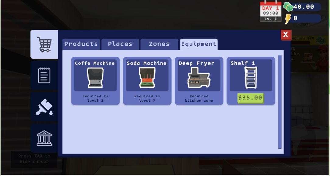 Burger Restaurant Simulator 3D Equipment shop showing a level 3 coffee machine, level 7 soda machine, kitchen-zone deep fryer, and $35 shelf