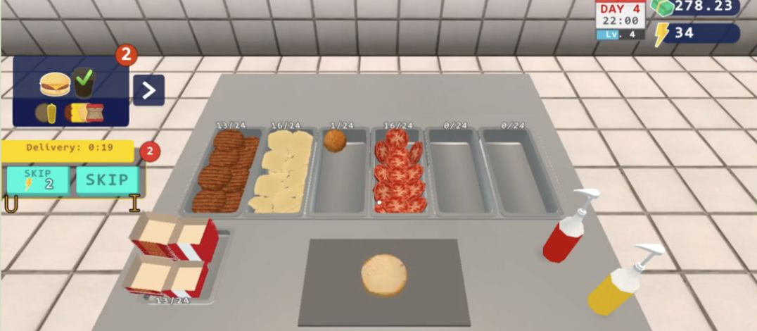 Burger Restaurant Simulator 3D Day 4 assembly counter with buns, patties, cheese, tomato, sauces, two queued orders, and a 19-second delivery timer