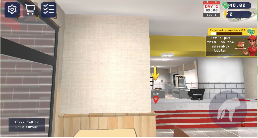 Burger Restaurant Simulator 3D kitchen entrance at 17 percent tutorial progress with an arrow pointing toward the assembly table