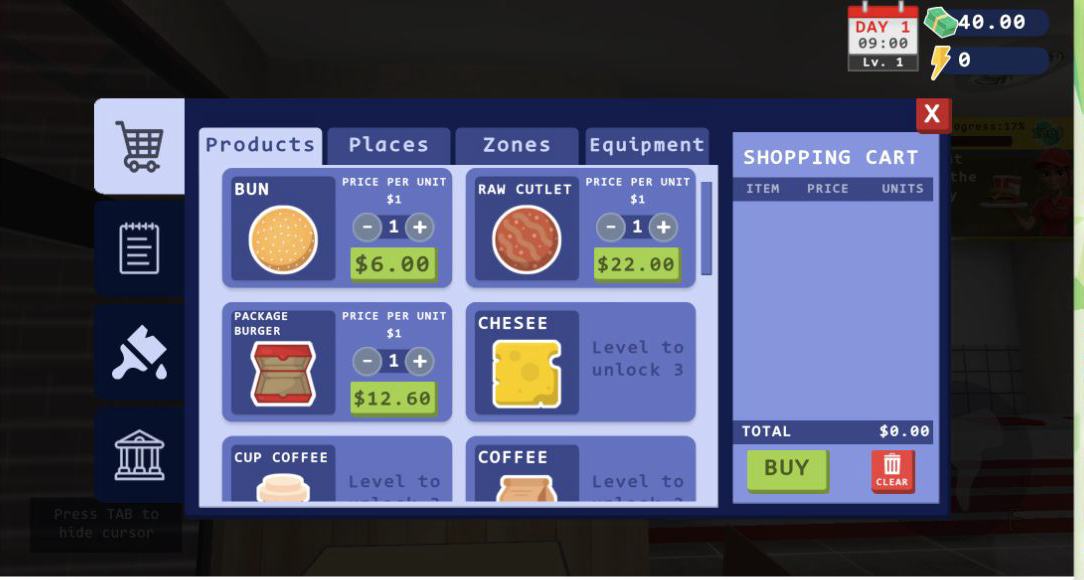 Burger Restaurant Simulator 3D Products shop showing buns for $6, raw cutlets for $22, burger packages for $12.60, and cheese locked until level 3
