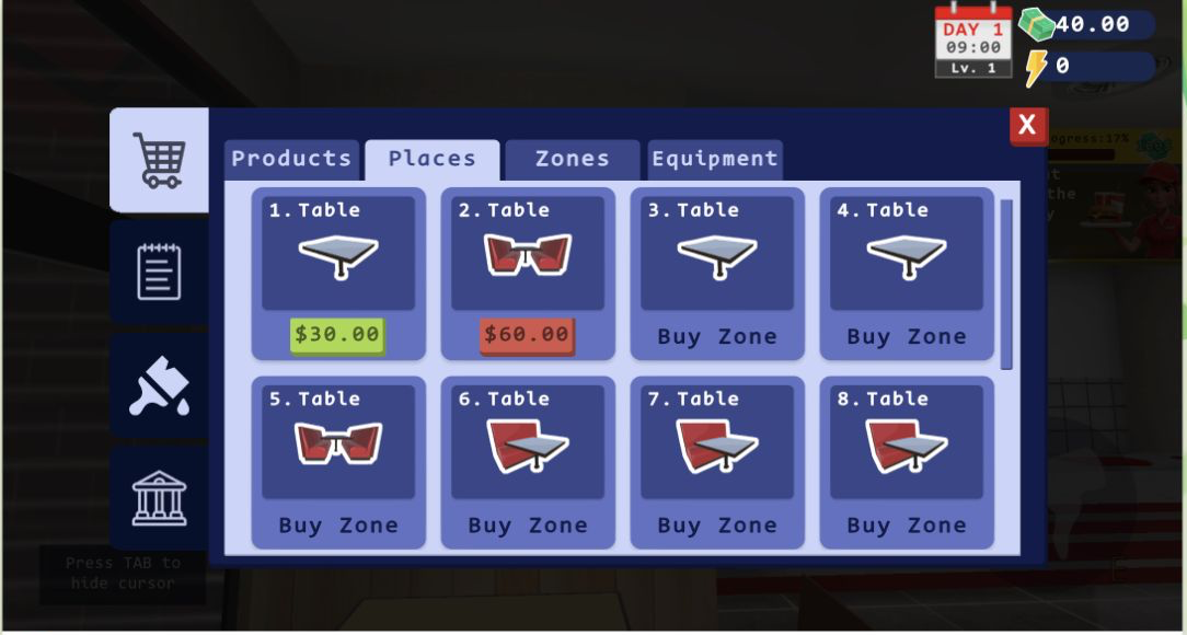 Burger Restaurant Simulator 3D Places shop with Table 1 priced at $30, Table 2 at $60, and later tables requiring another zone