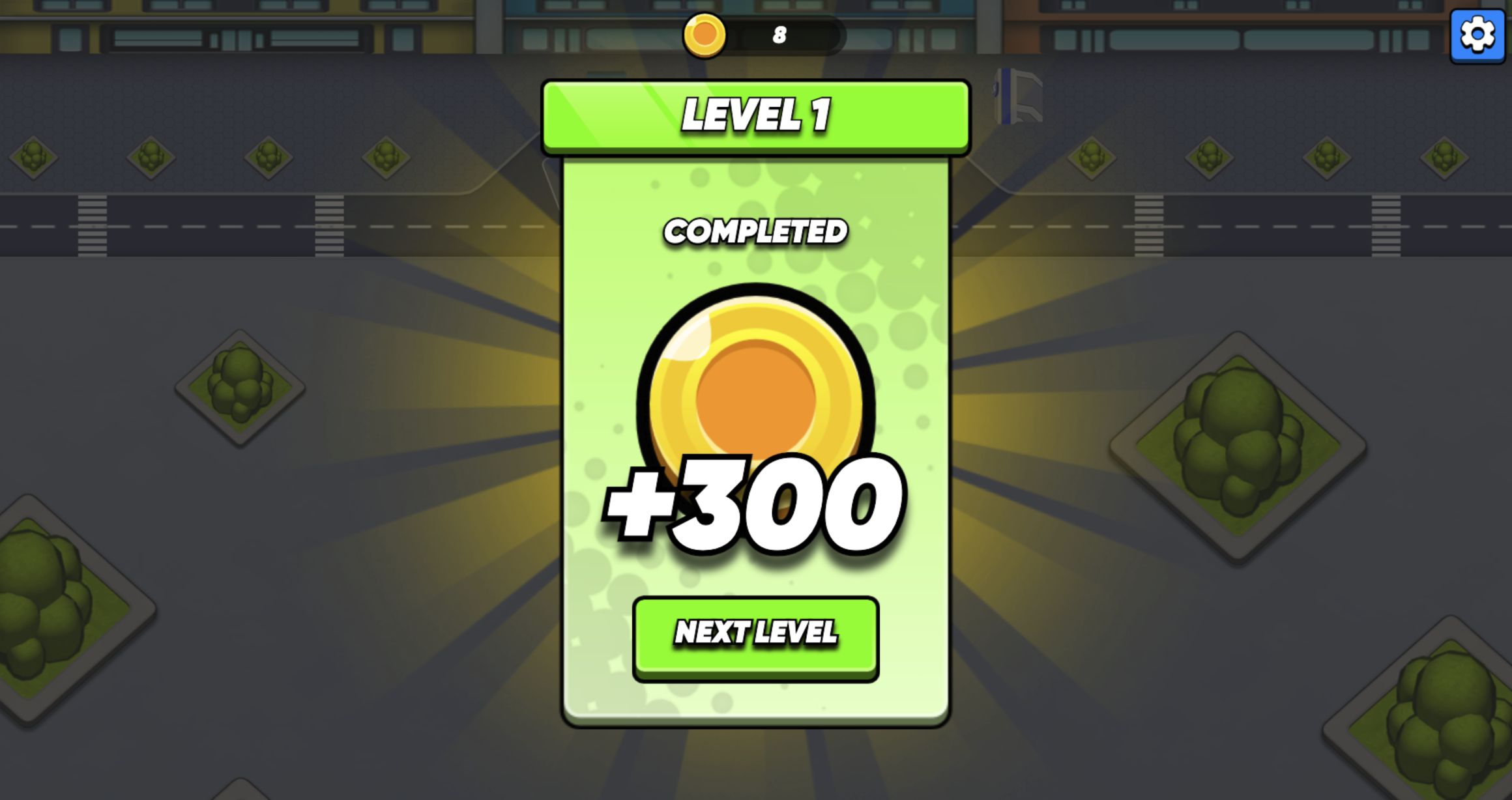 Bus Parking Out Level 1 completed screen awarding 300 on desktop and mobile