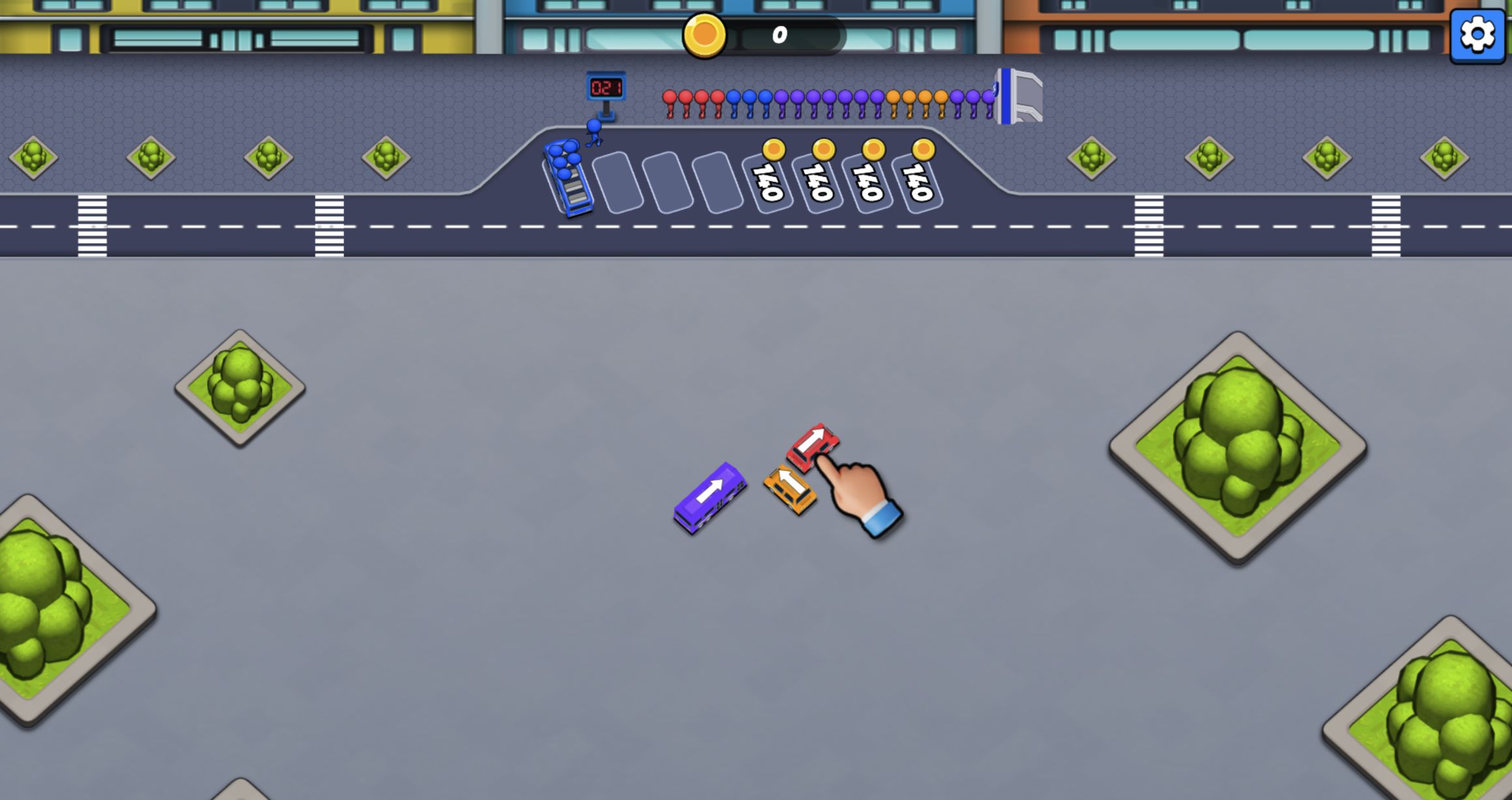 Blue bus tutorial dispatch with the first vehicle highlighted on the desktop puzzle