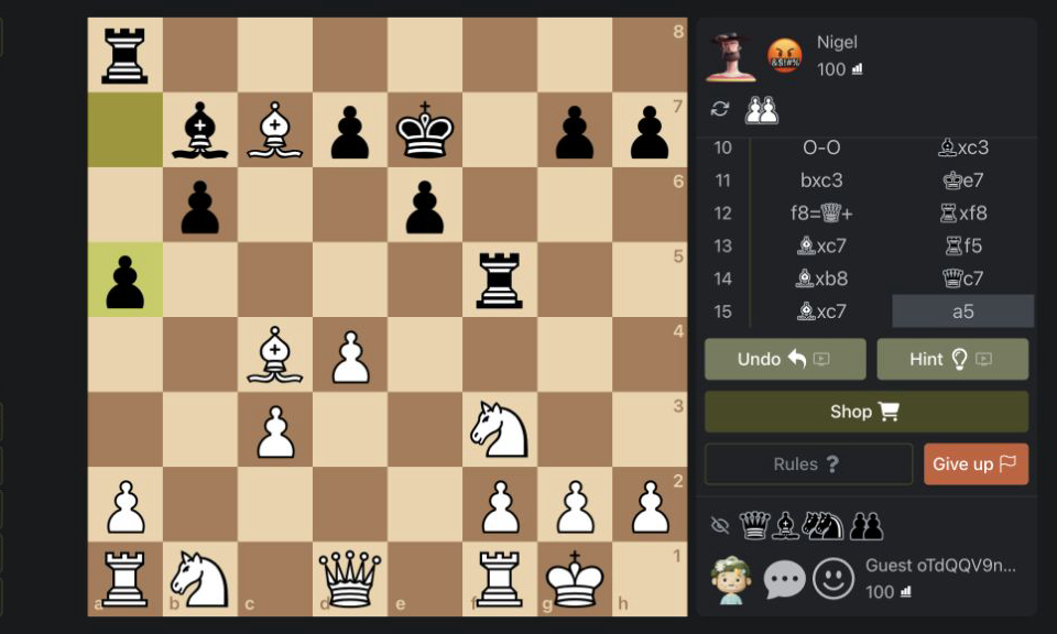 Chess Online Multiplayer after White's bishop captured Nigel's queen on c7 with the move log showing Bxb8, Qc7 and Bxc7