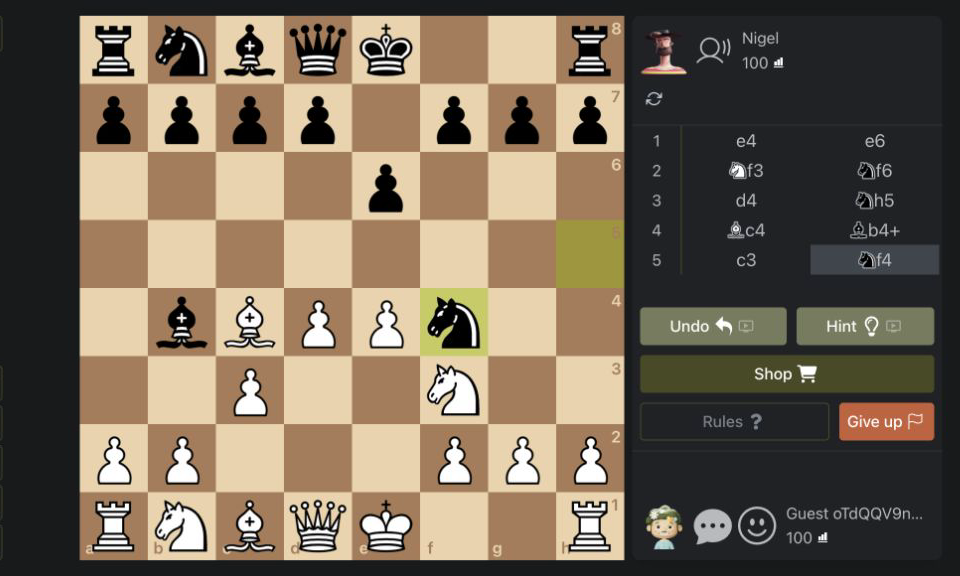 Chess Online Multiplayer after c3 blocked Nigel's bishop check and the black knight moved to f4