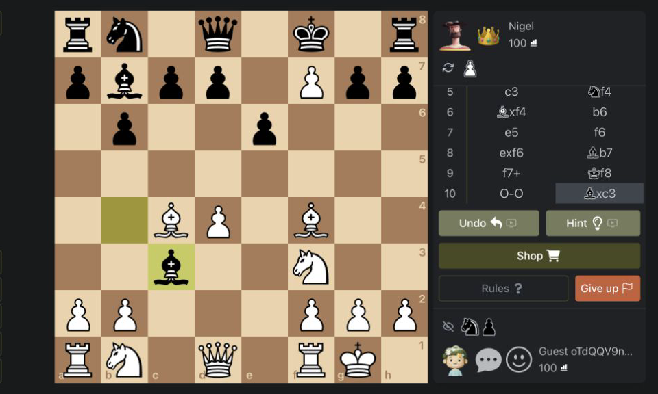 Chess board after kingside castling during a computer match with pieces developed around the center