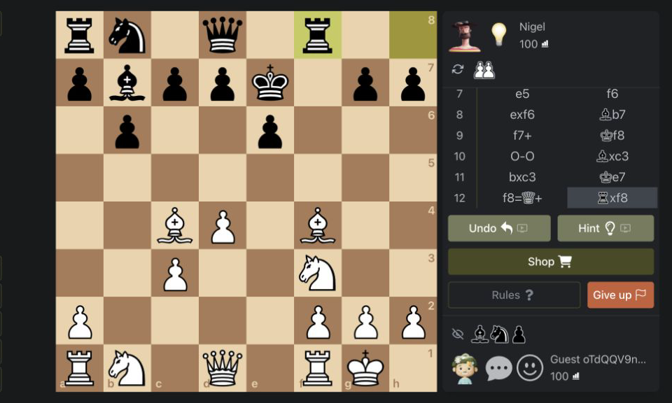 Chess Online Multiplayer after f8 equals queen check and Nigel's rook captured the promoted queen on f8