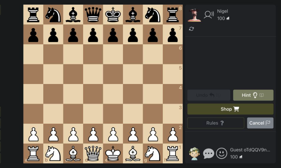 Chess Online Multiplayer untouched board against Nigel with the move log empty and Guest rated 100