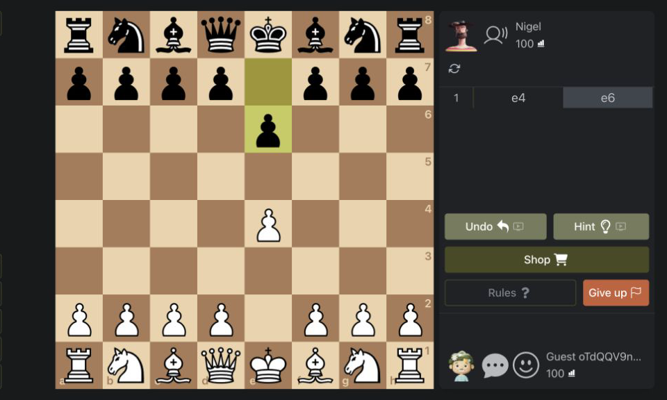 Chess board after early central-pawn moves with player ratings and game controls visible