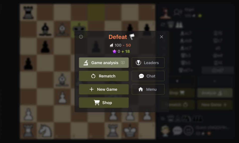 Chess Online Multiplayer result panel after a confirmed resignation showing rating and star changes