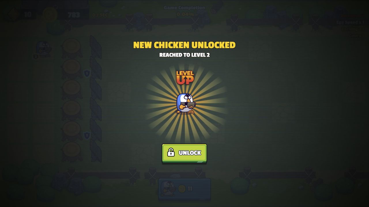 Chicken Merge New Chicken Unlocked panel showing a Level 2 gunner and an Unlock button after the first merge