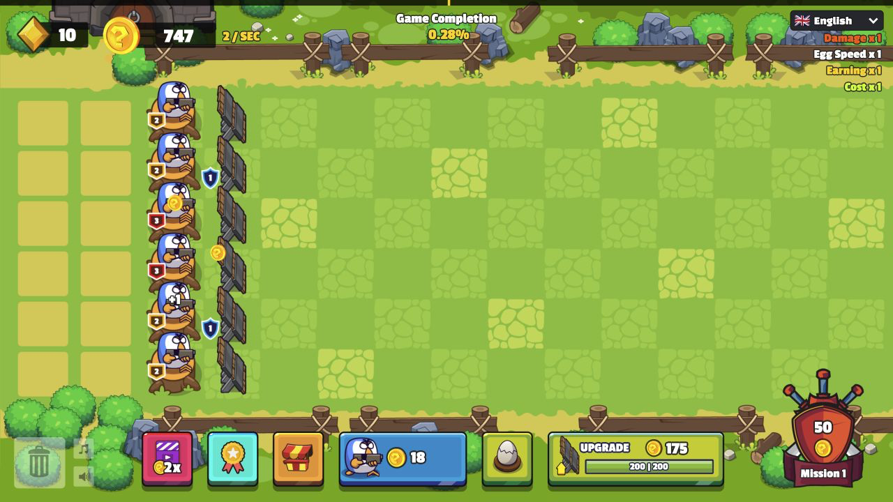 Chicken Merge desktop six-unit formation compared with a portrait fullscreen mobile view whose merge reserve is outside the visible area