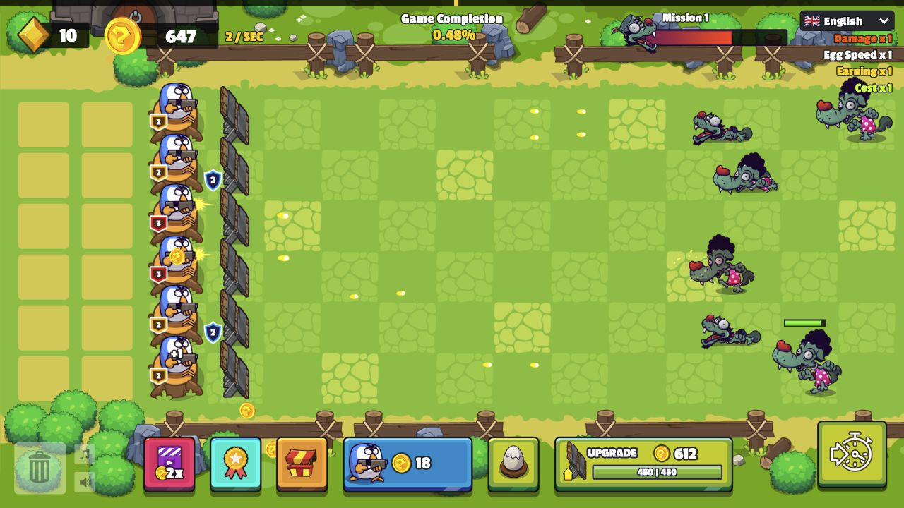 Chicken Merge Mission 1 battle with six defending chickens firing across all six lanes at approaching zombie animals