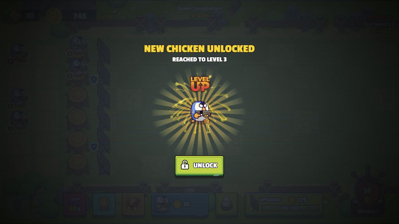 Chicken Merge New Chicken Unlocked panel announcing Level 3 after combining two Level 2 chickens