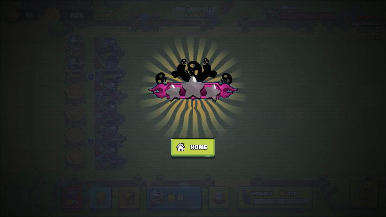 Chicken Merge defeat panel with three empty stars and a Home button after the wall reached zero