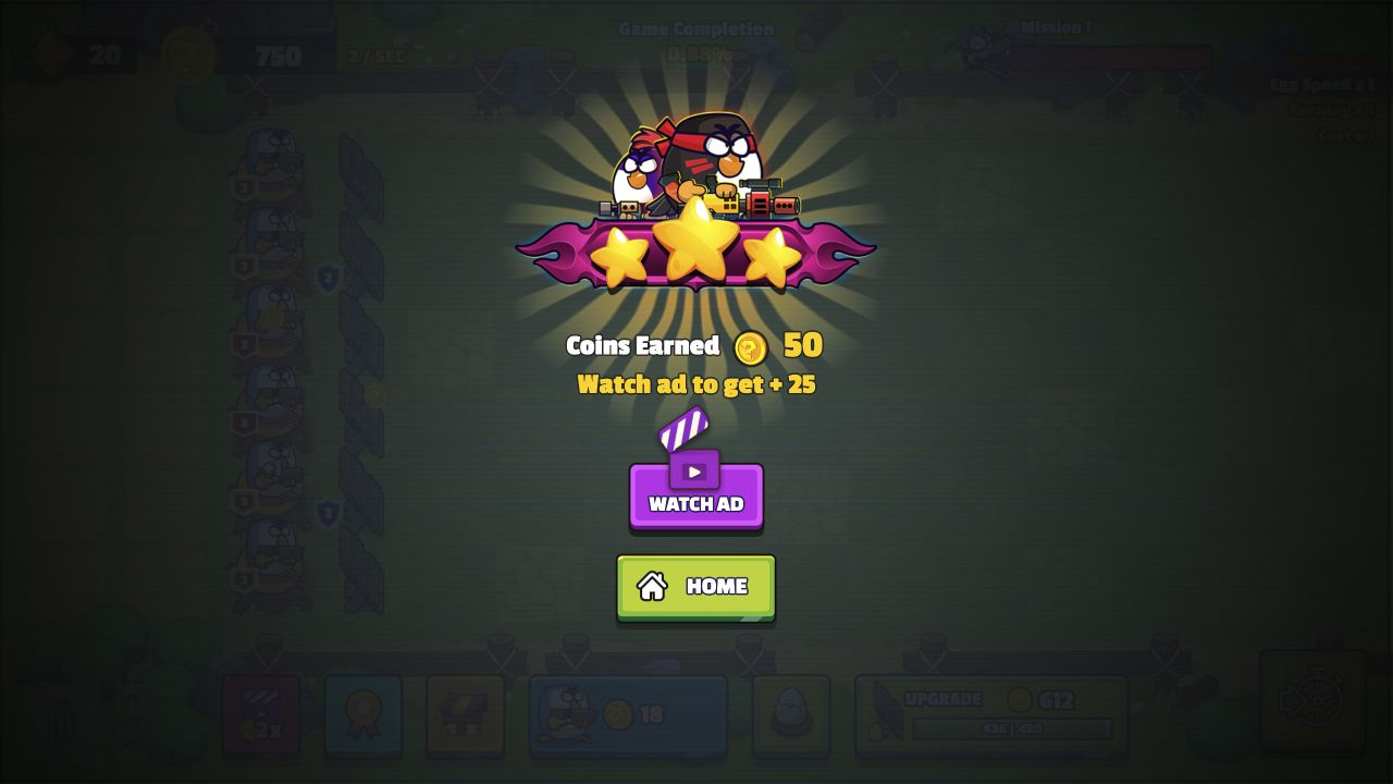 Chicken Merge victory panel with three gold stars, Coins Earned 50, Watch ad to get plus 25, Watch Ad, and Home buttons