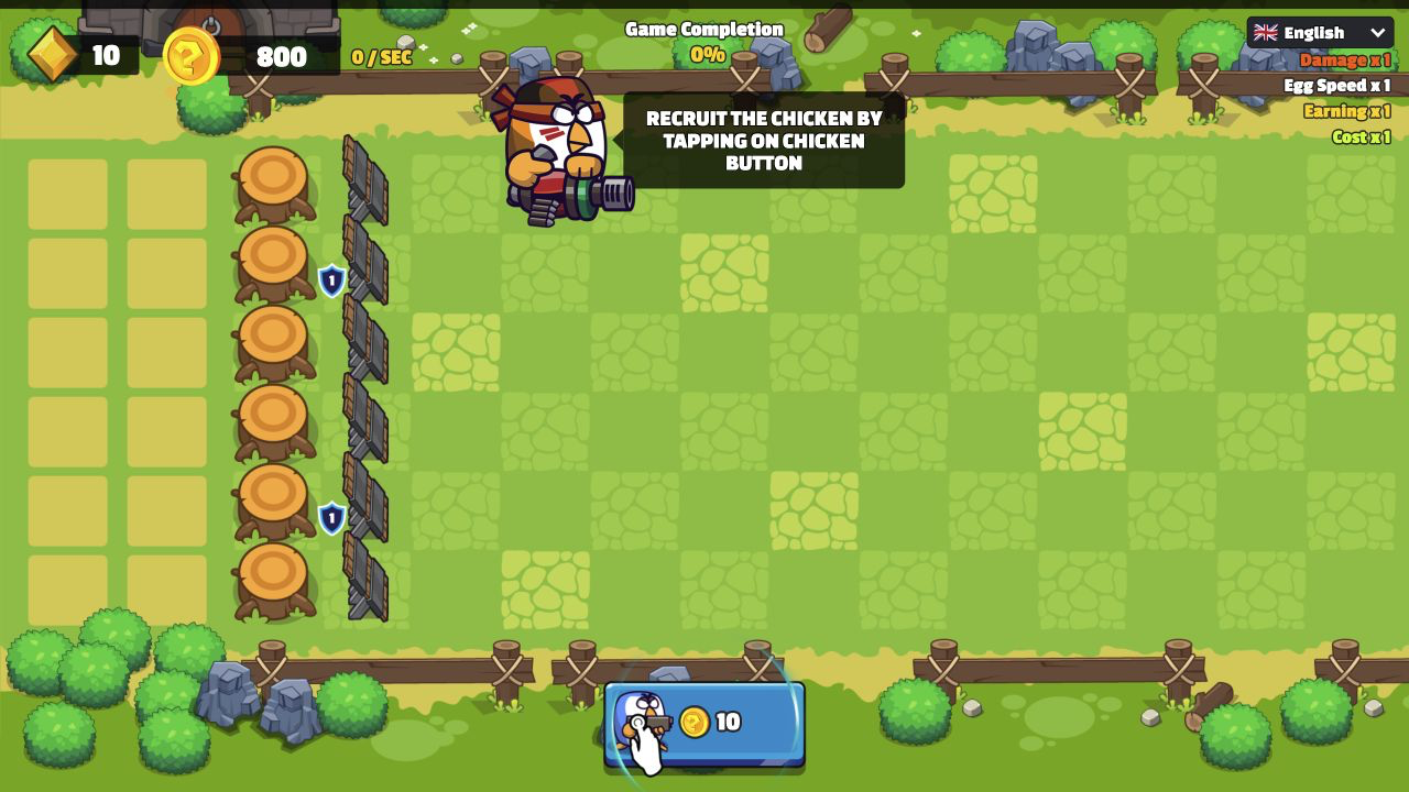 Chicken Merge opening tutorial with 800 coins, 10 gems, empty reserve slots, six empty defense stumps, and a 10-coin recruit button