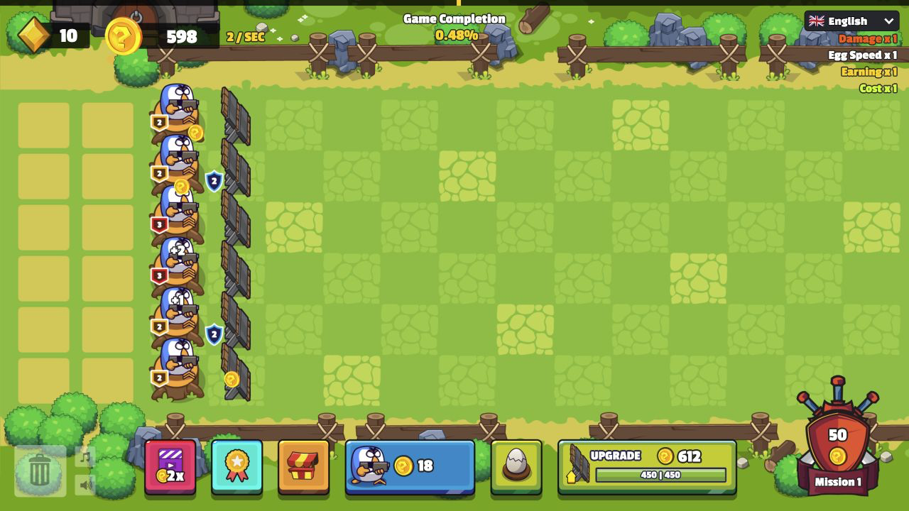 Chicken Merge home screen with six defenders, a tier-two wall badge, 450 of 450 health, 598 coins, and a next upgrade cost of 612
