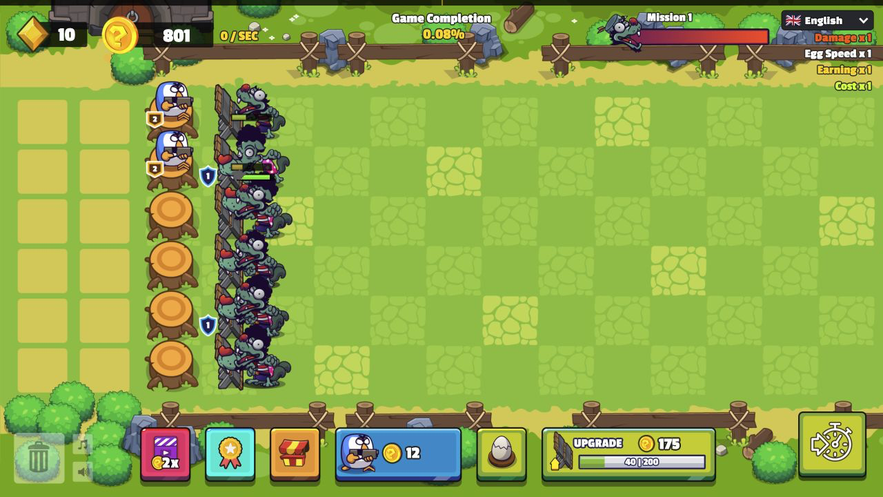Chicken Merge first Mission 1 attempt with many zombie enemies packed against the wall and only 40 of 200 wall health remaining
