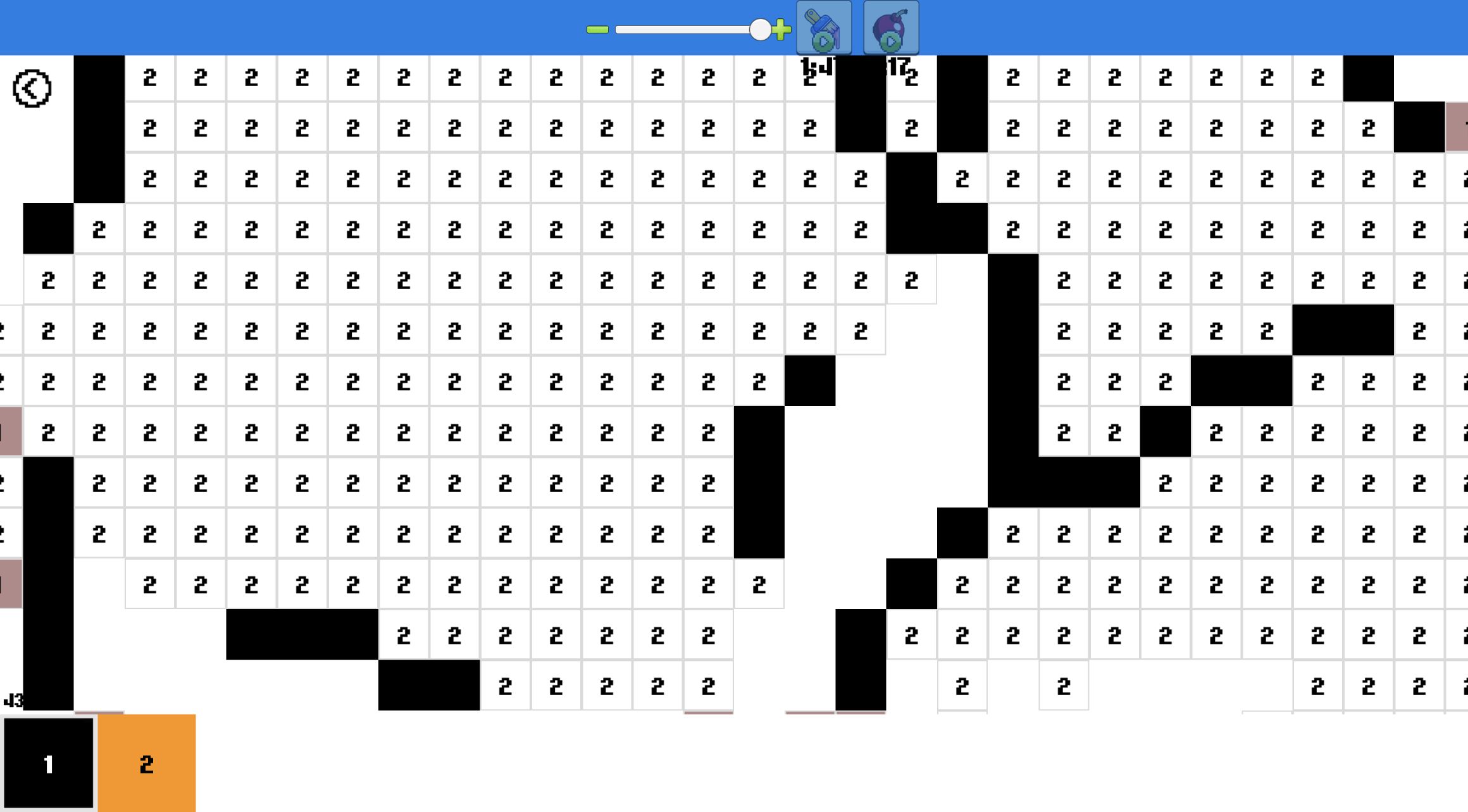Magnified Color Pixels grid with black number-one cells filled and numbered orange cells still white