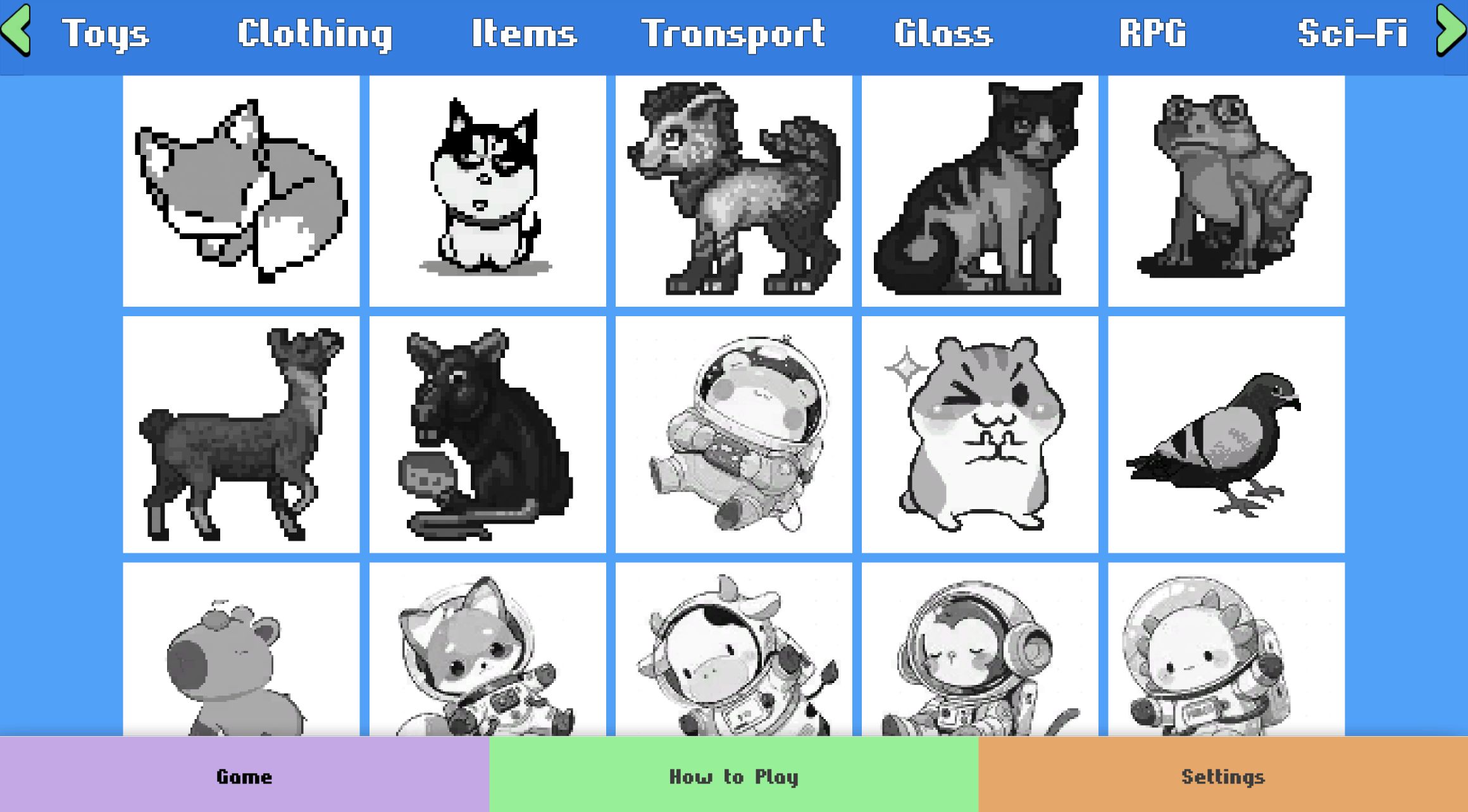 Color Pixels gallery showing grayscale animal pictures under Toys, Clothing, Items, Transport, Glass, RPG, and Sci-Fi tabs