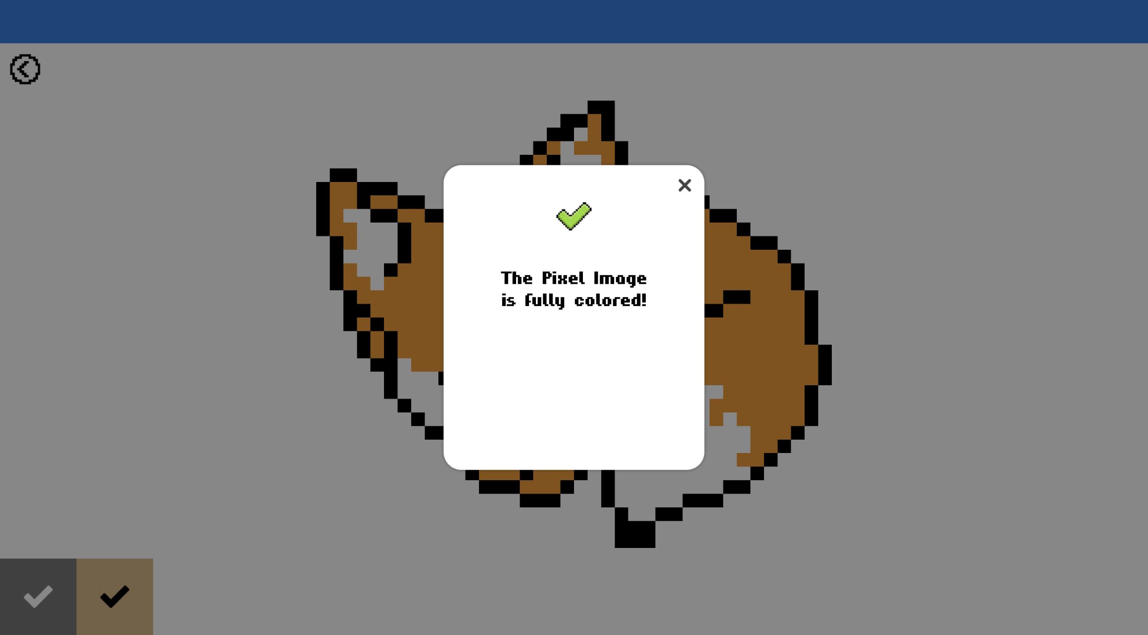 Color Pixels completion popup over a fully colored orange-and-black pixel fox