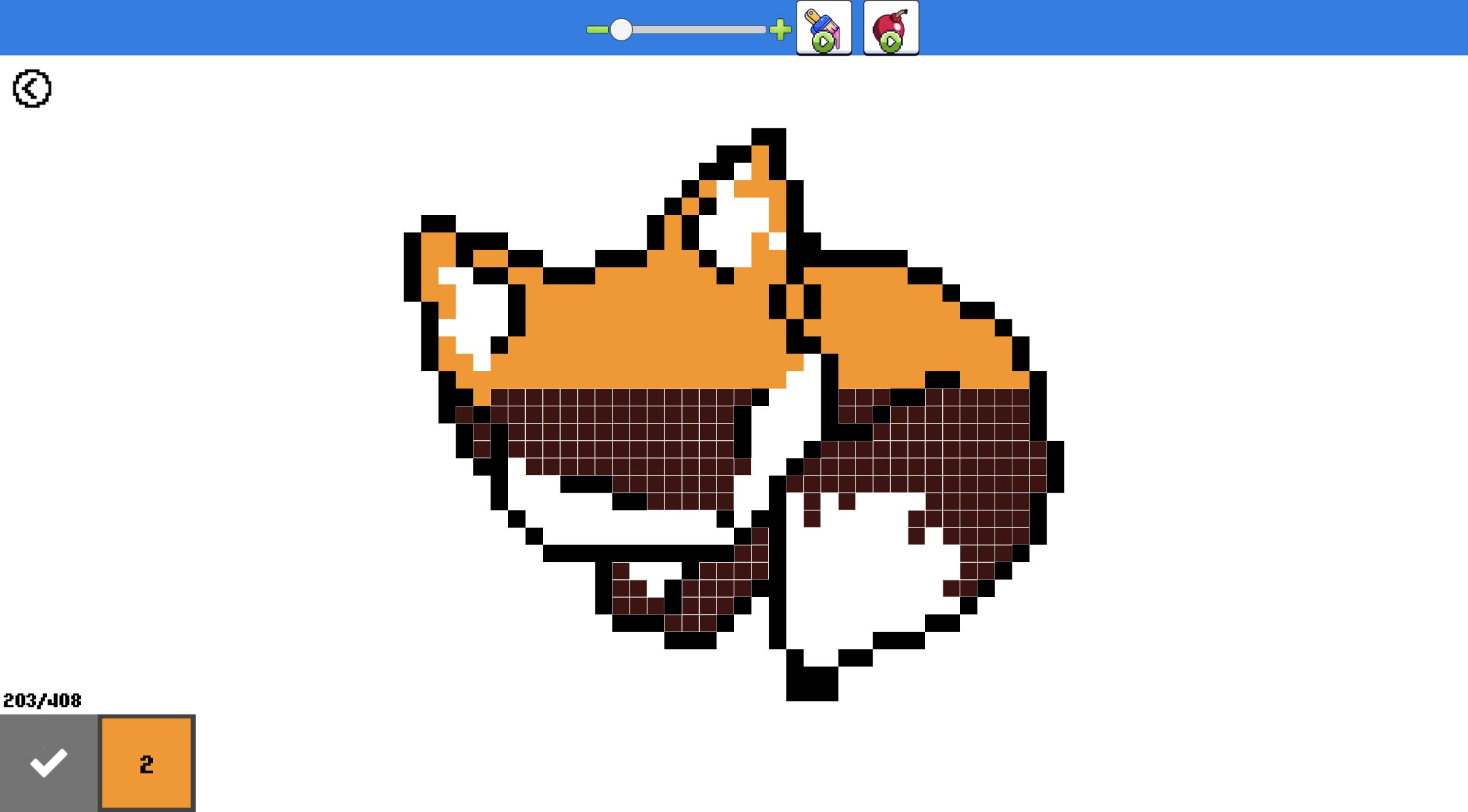 Partly orange Color Pixels fox with black outline complete and many body cells still highlighted