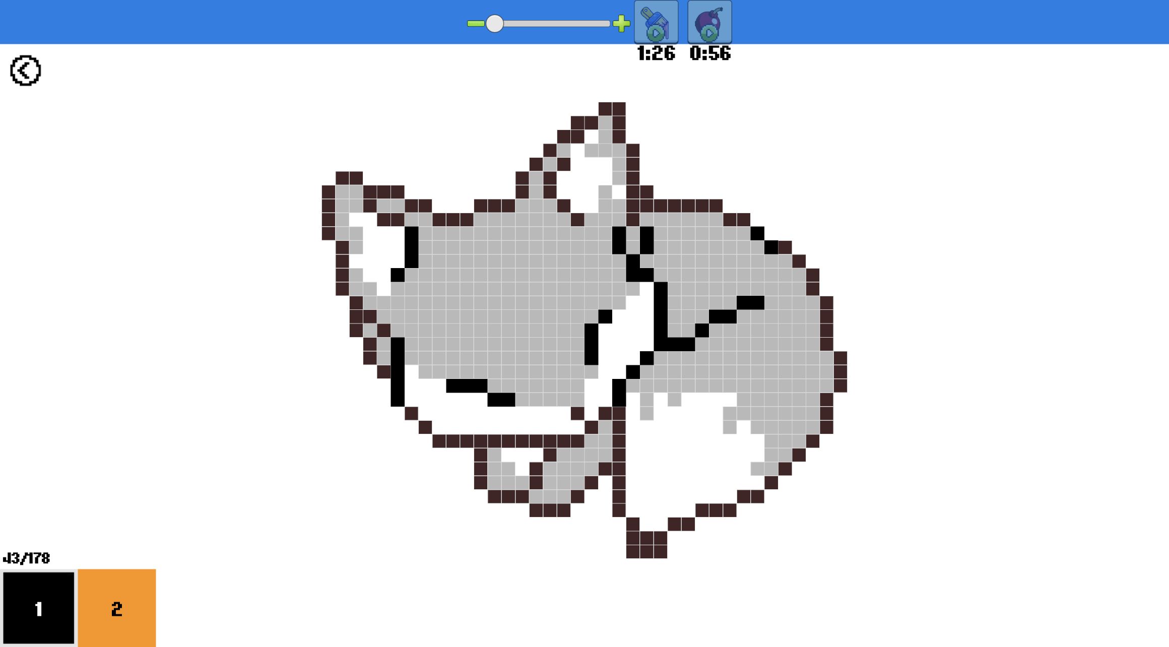 Whole fox template in Color Pixels with some black outline cells filled and the rest still gray