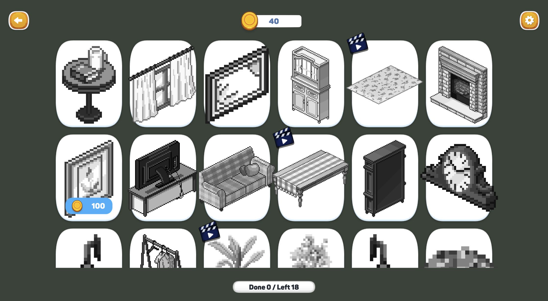 Furniture catalog showing 18 grayscale pixel objects with free, video and 100-coin entries