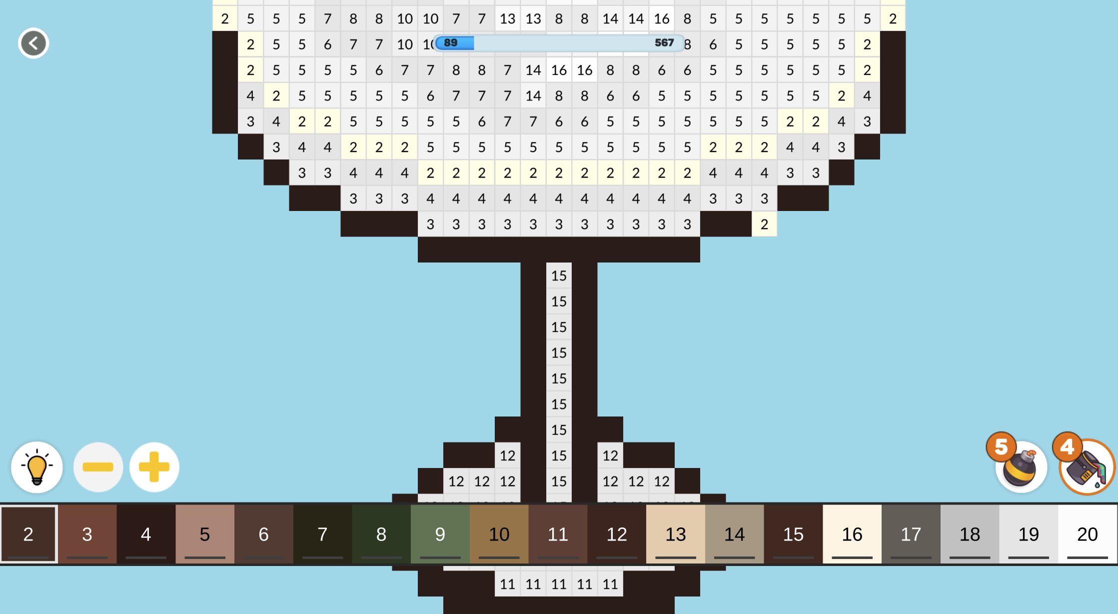 Zoomed numbered furniture canvas after the first dark brown color region was filled