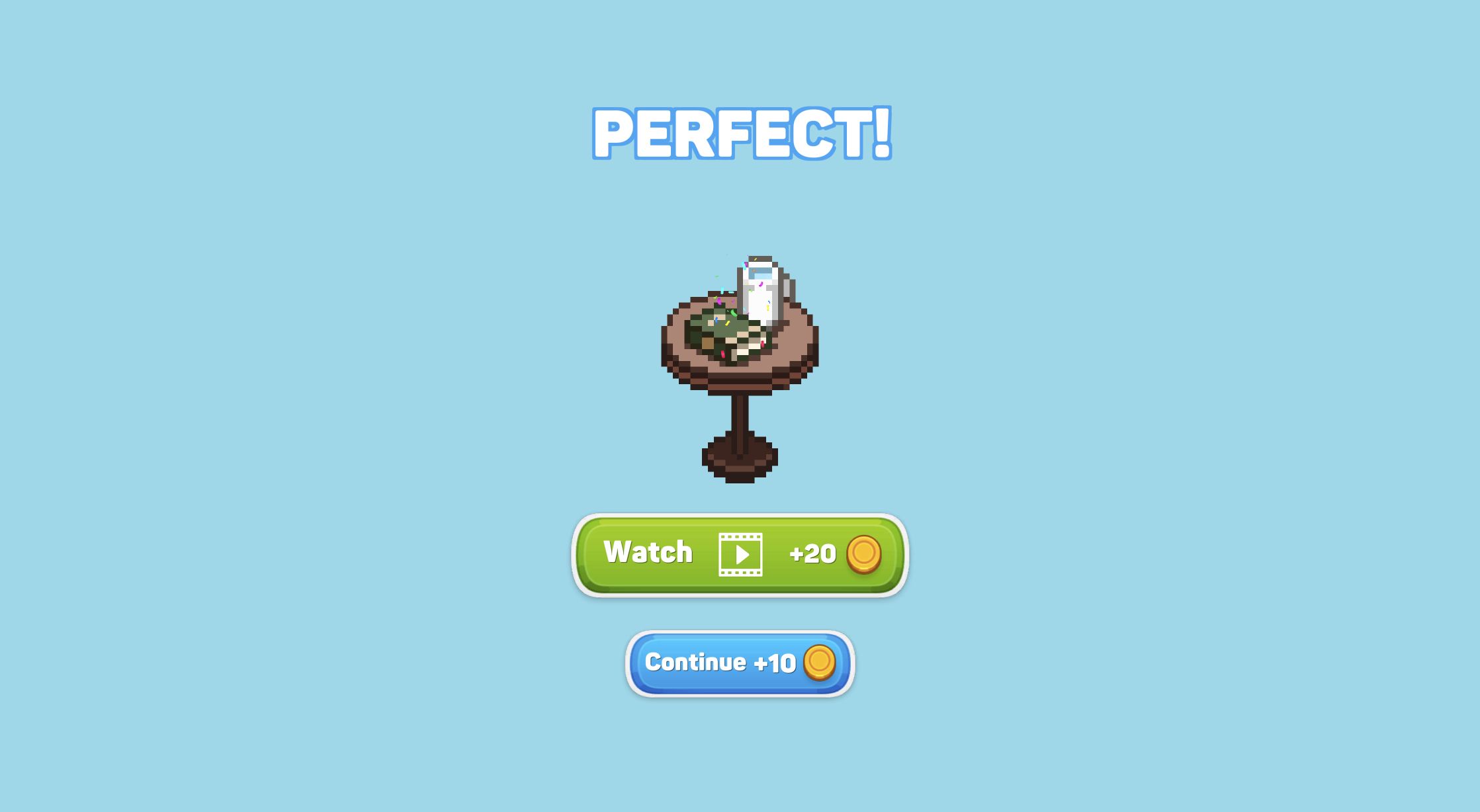 Perfect completion screen with the finished table, a Watch plus 20 option and Continue plus 10