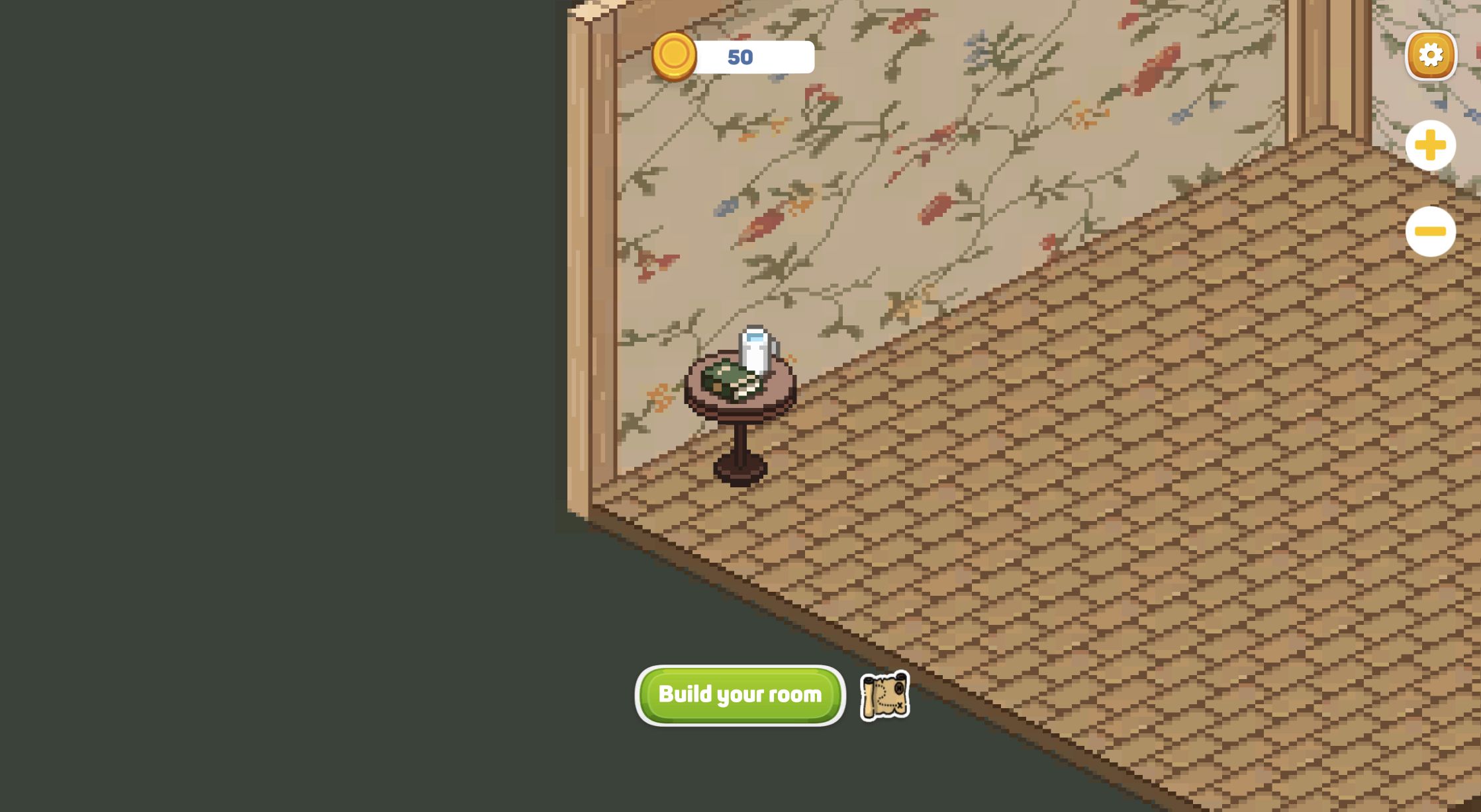 Completed pixel-art pedestal table with a vase placed in the first empty room