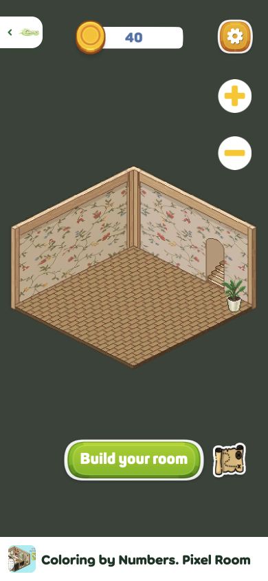 Empty first pixel room inside Playflaming's portrait fullscreen player before the furniture build