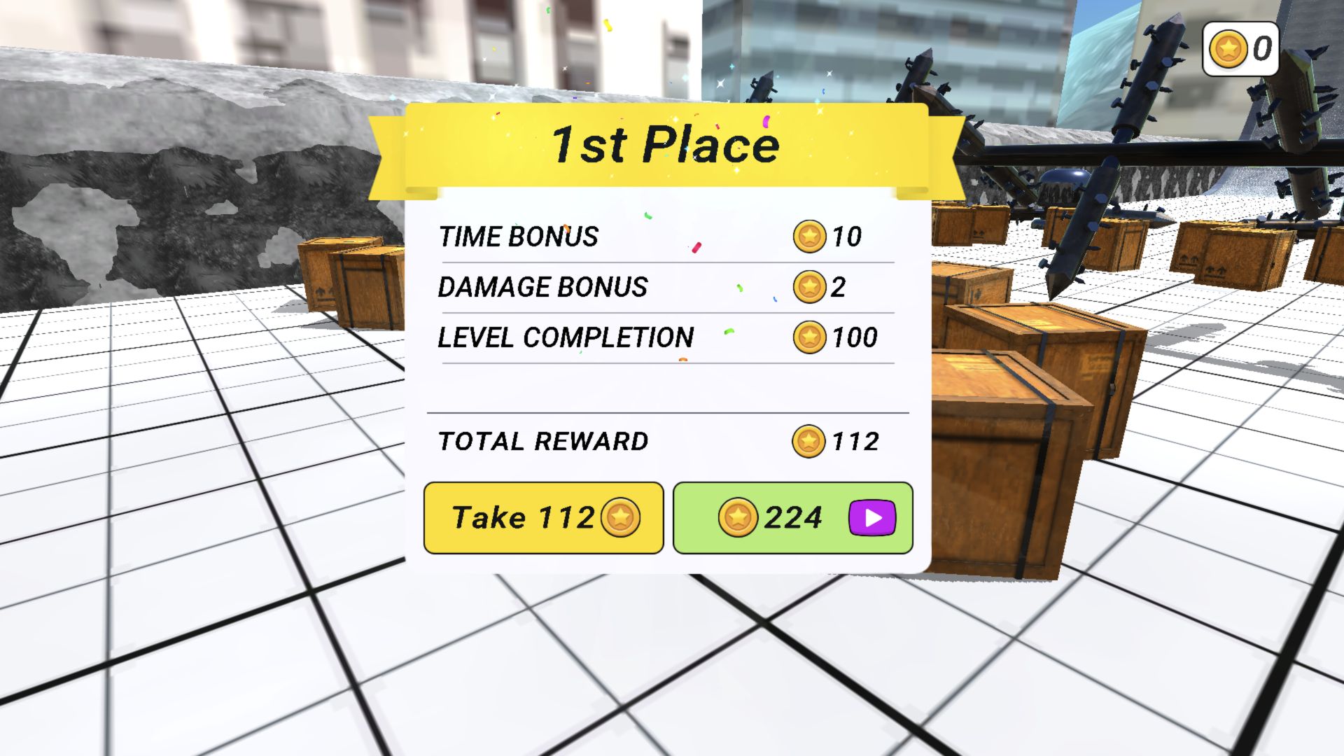 Deadly Descent first-place settlement showing time bonus 10, damage bonus 2, level completion 100 and total reward 112