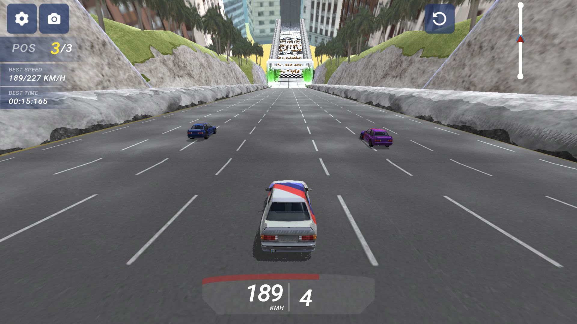 Deadly Descent sedan descending the straight at 189 KMH in third position