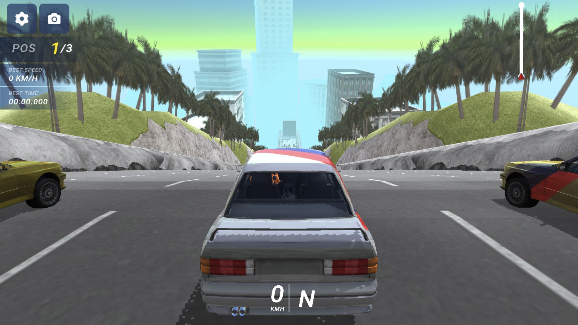 Deadly Descent sedan stationary between two rivals at the start