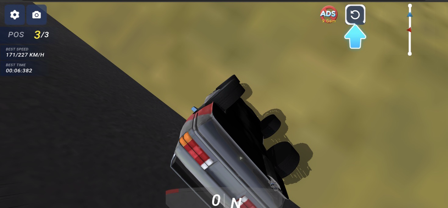Player's sedan lying on its side after a six-second Deadly Descent run with position 3 of 3 shown