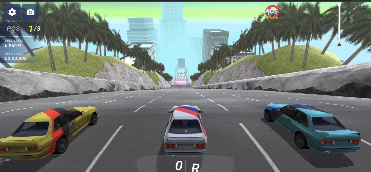 Wide third-person view of three cars at the start of Deadly Descent's palm-lined downhill course