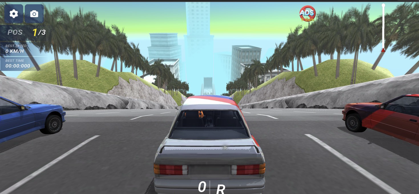 Close third-person view of the player's white sedan between two rival cars at the Deadly Descent starting line