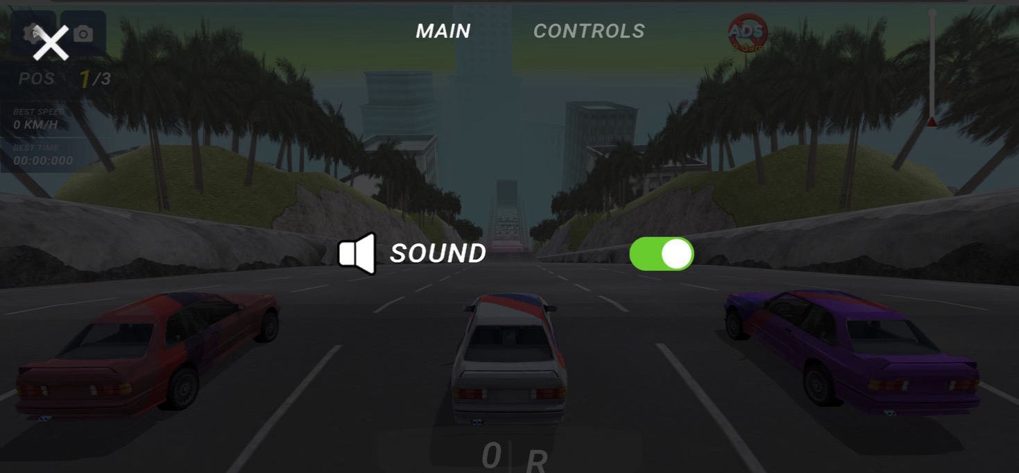 Deadly Descent Main settings screen with a single sound toggle over the starting road